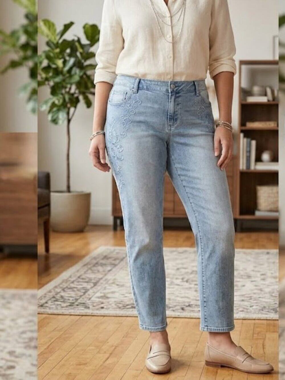 Chico’s Platinum Denim Embroidered Modern Ankle Jeans Size 3 / XL